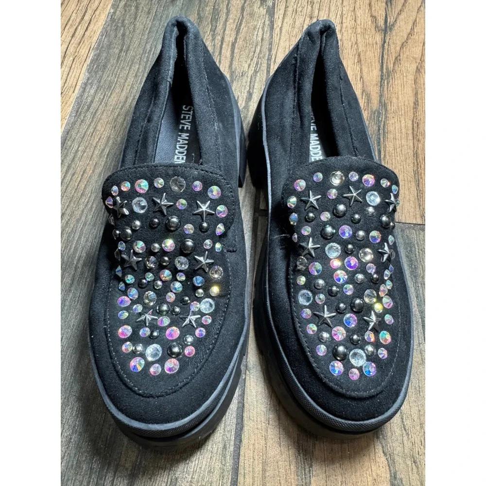 Steve Madden‎ Kids Black Star Studded Platform Loosy Loafers Rhinestone Shoes